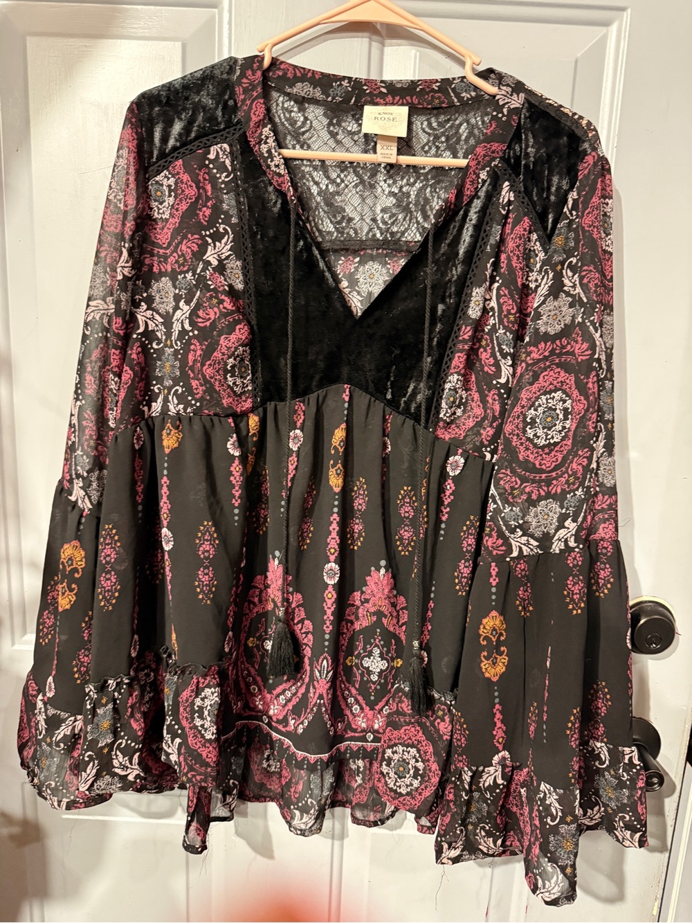 Pre -Owned Women's Black & Burgundy Velvet-Trim Boho Blouse